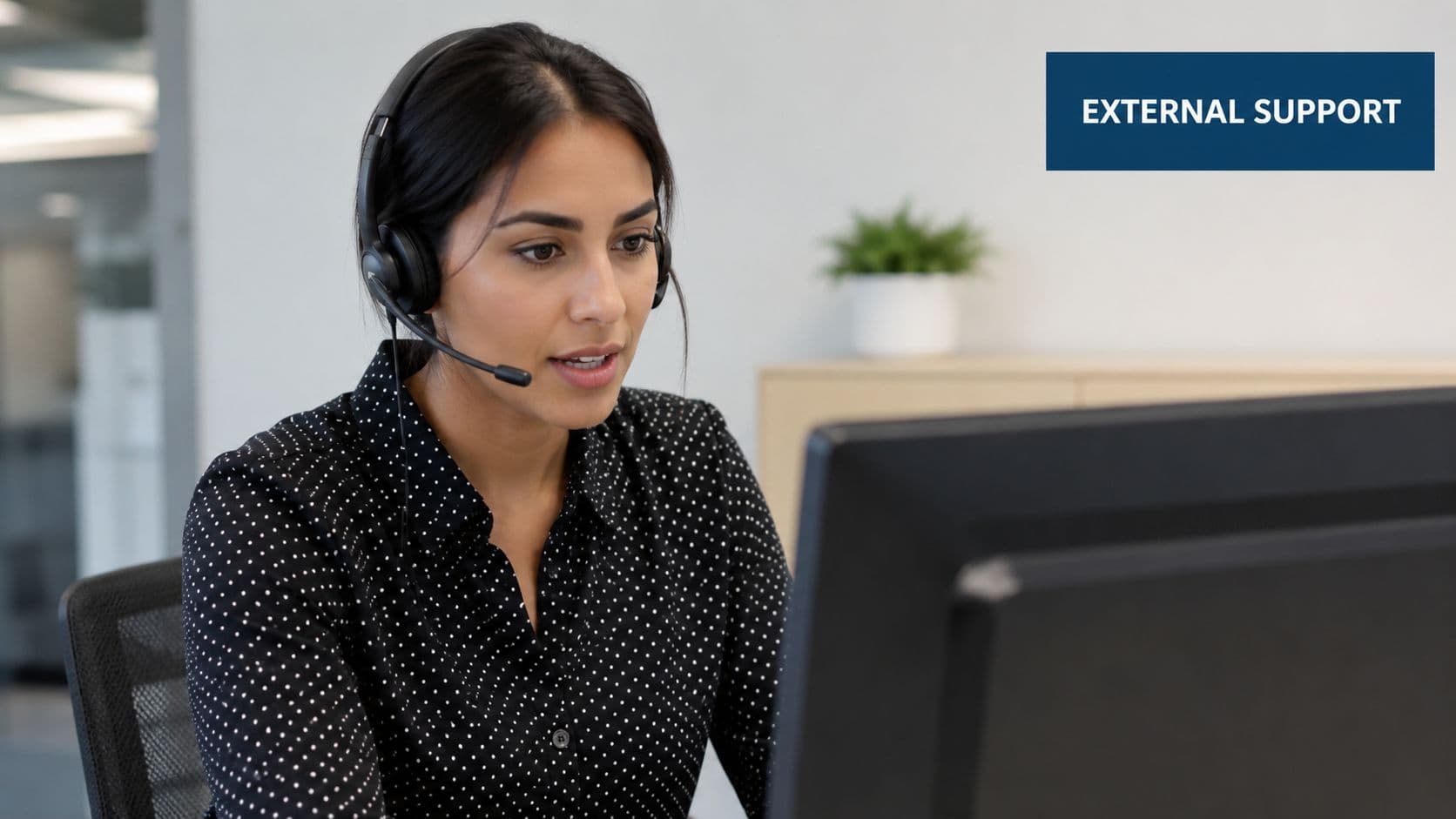 A professional female customer service representative wearing a headset while working at her computer in an office.