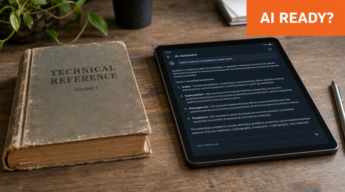 An old technical book sits on a wooden desk next to a digital tablet displaying AI-generated information.
