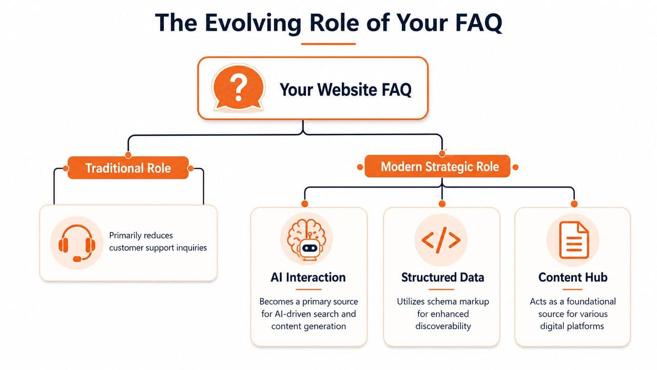 A diagram illustrating the traditional and modern strategic roles of a website FAQ in business.