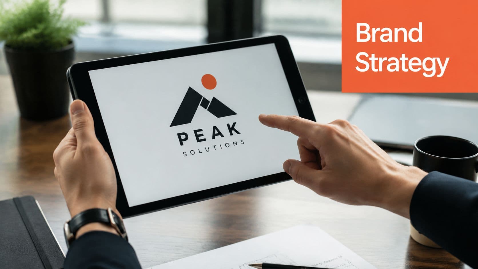 A professional holding a tablet displaying the Peak Solutions brand logo on a desk.