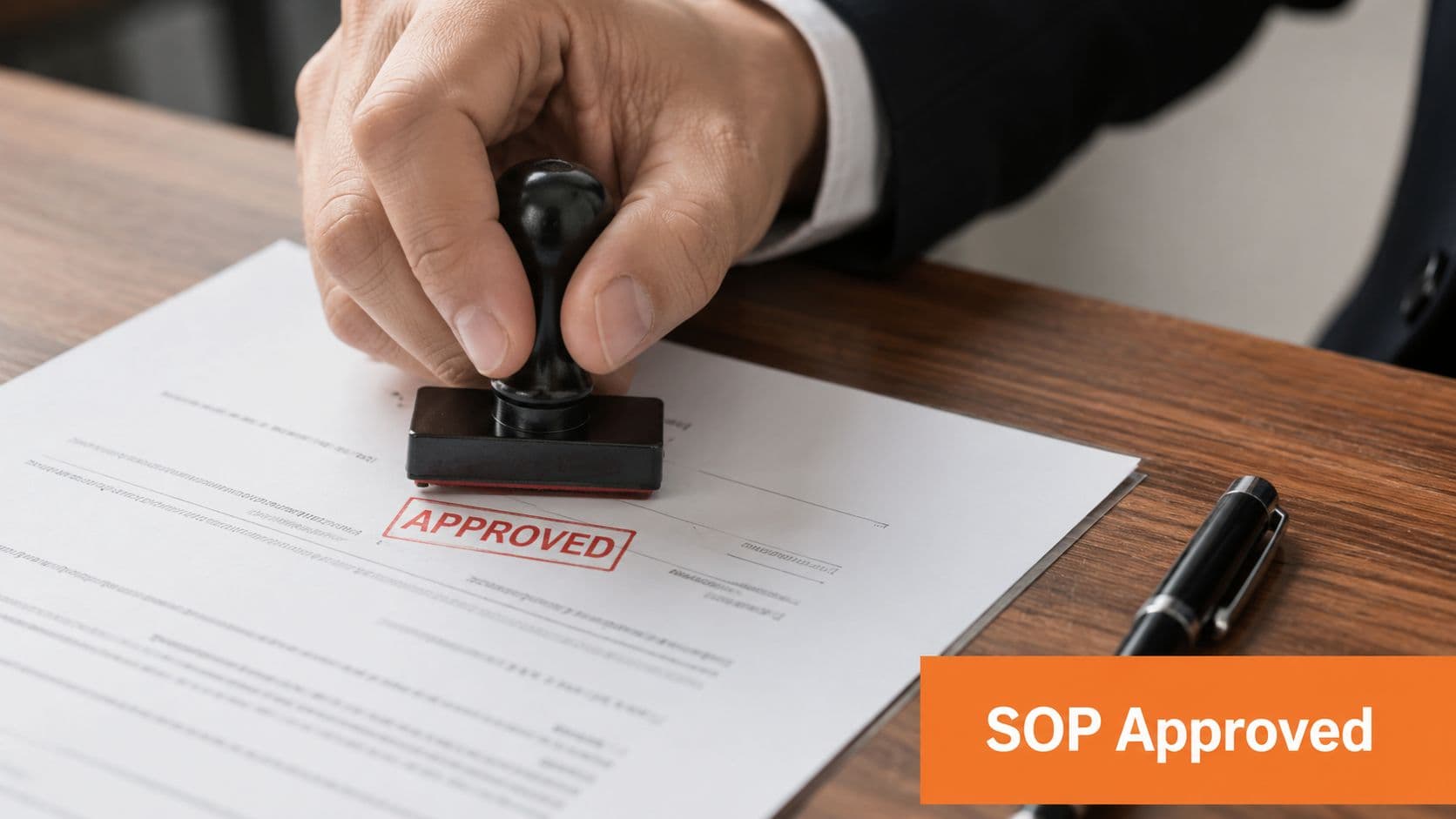 A businessman in a suit using a stamp to mark a document as approved on a desk.