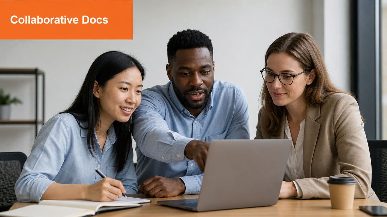 A diverse team of three professionals collaborating on a laptop project in a bright office environment.