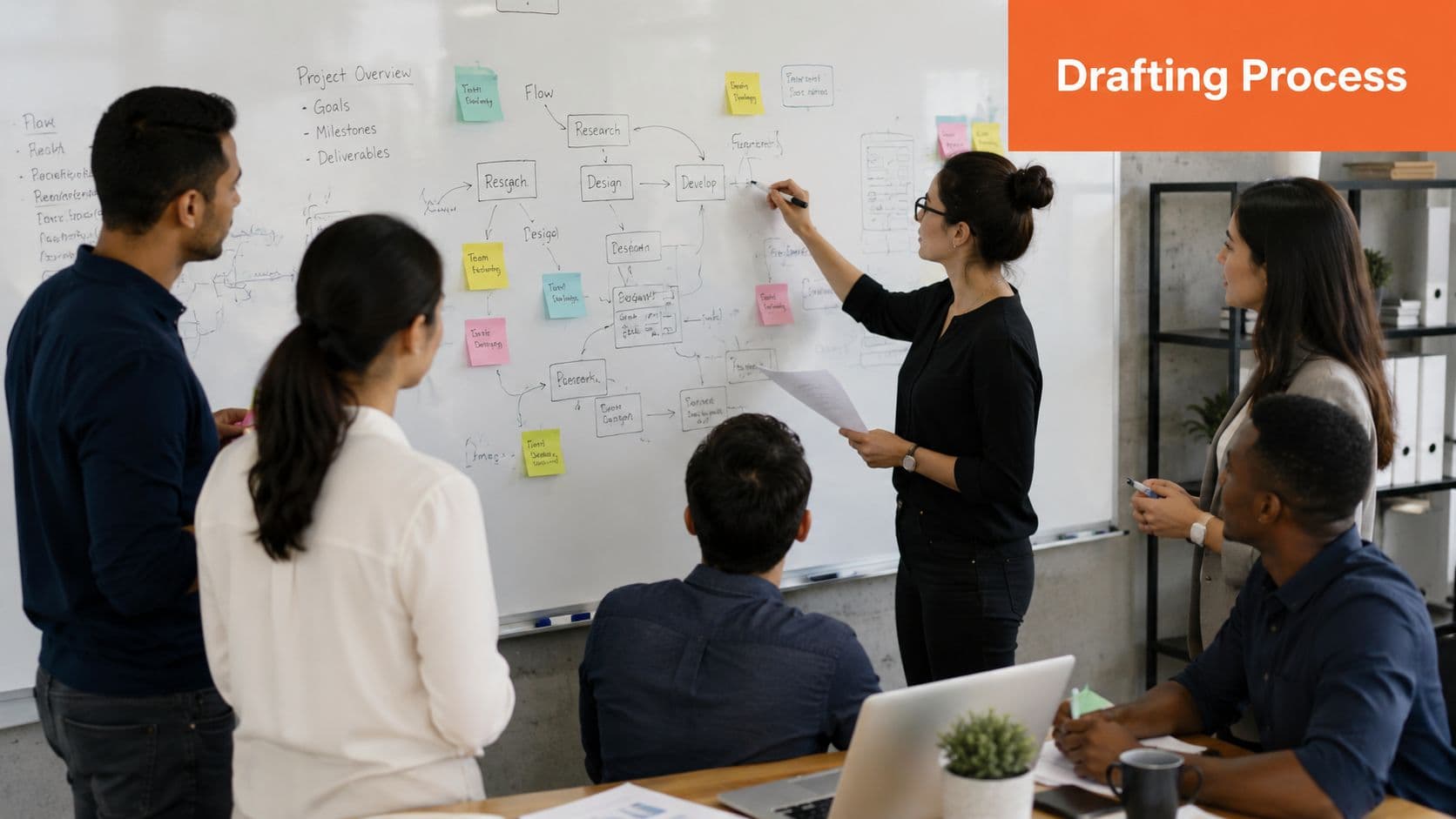 A diverse team of professionals collaborating on a workflow diagram on a whiteboard in a modern office.