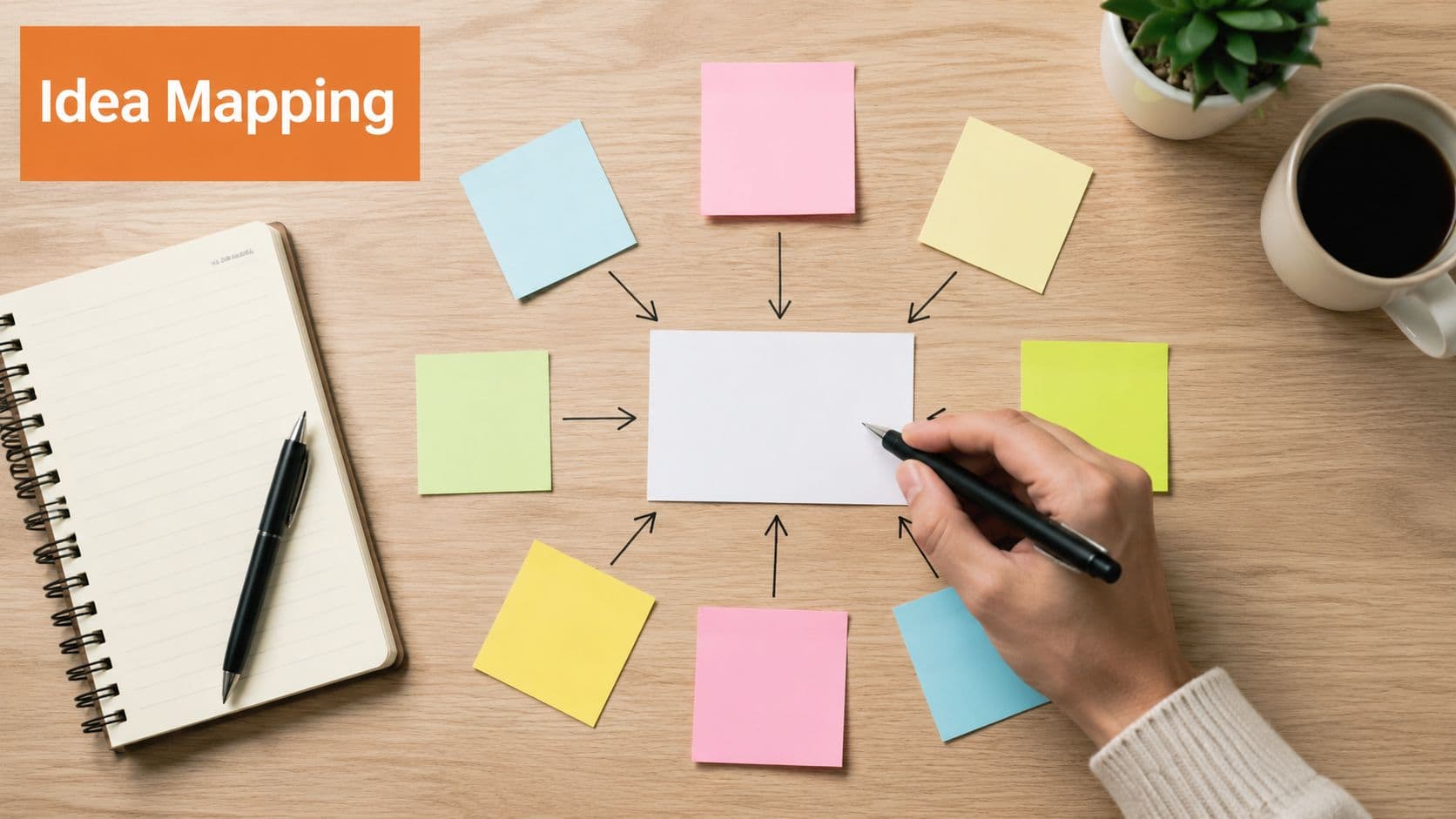 A hand drawing connections between several colorful sticky notes and a central white card on a desk.