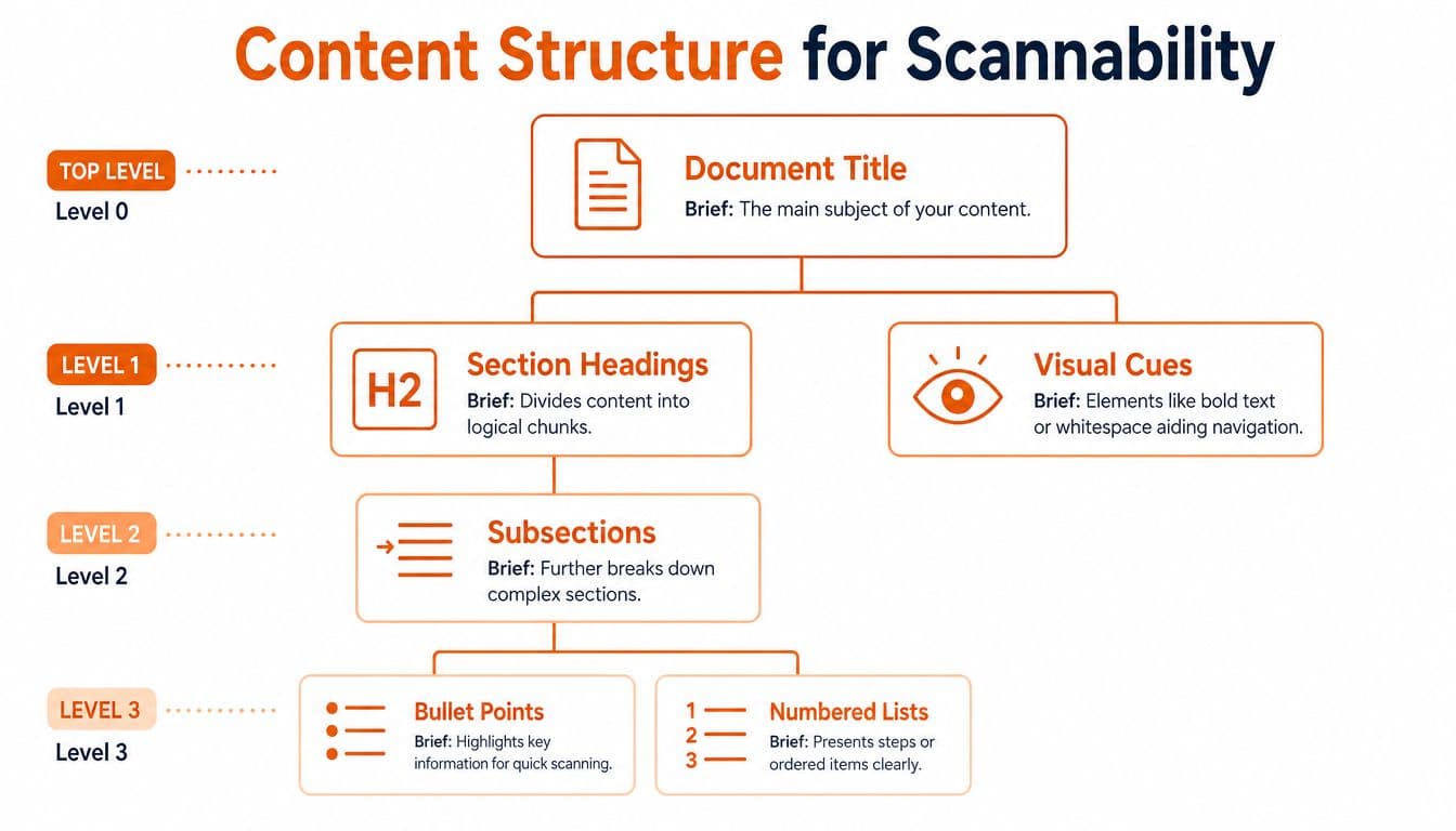 A hierarchical flowchart illustrating how content structure improves document scannability through titles, headings, and formatting.
