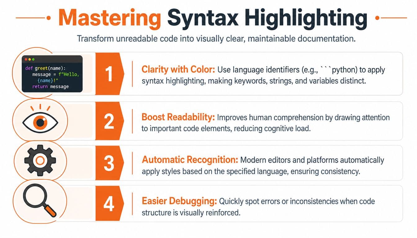 An infographic titled Mastering Syntax Highlighting explaining the benefits of using code blocks in markdown for readability.
