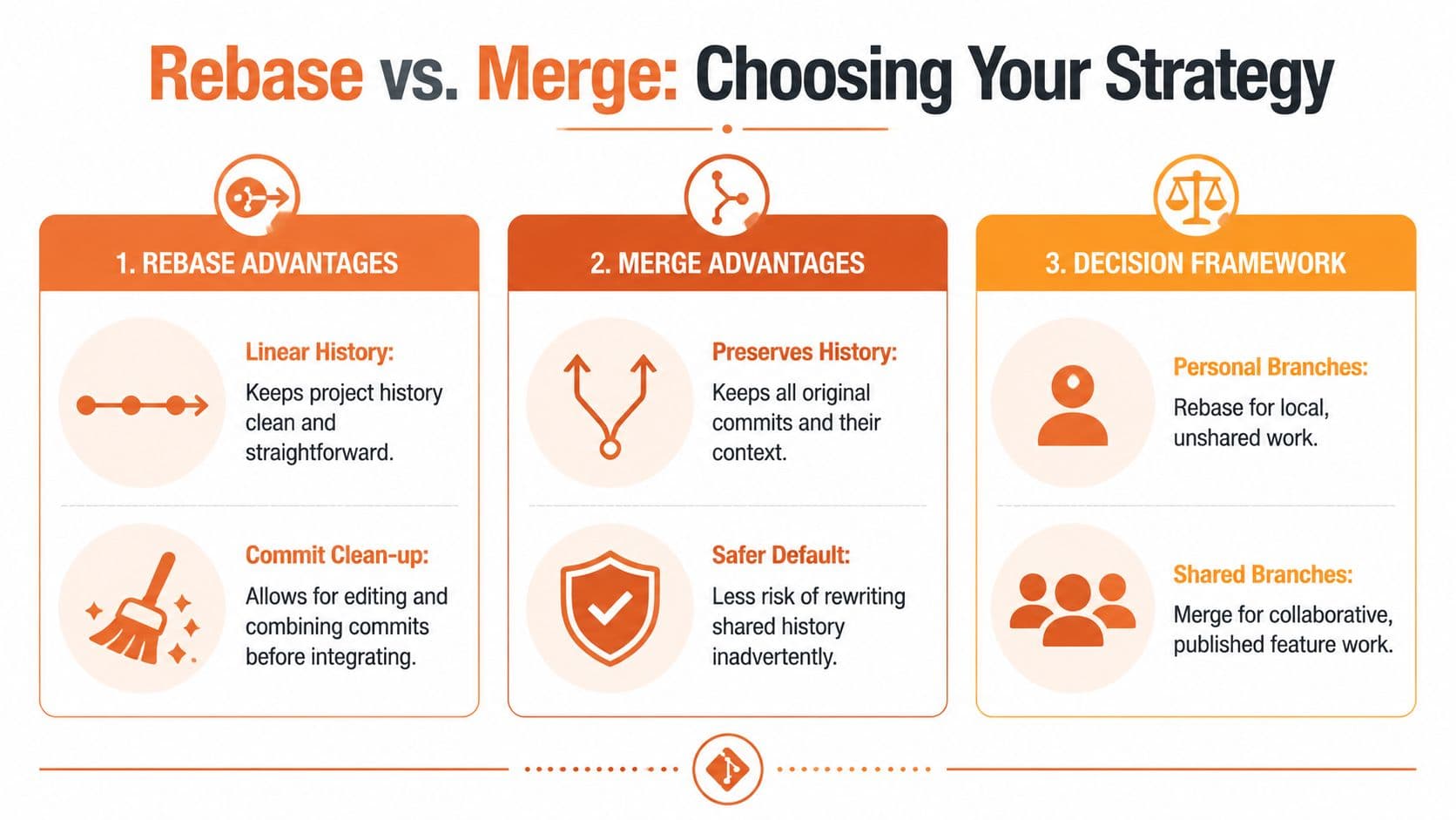 An infographic comparing Git rebase and merge strategies, detailing their advantages and when to use each.