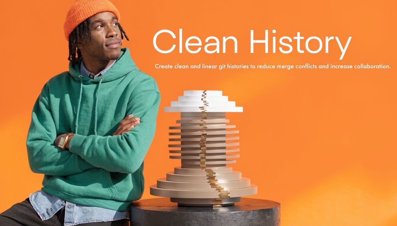 A person in a green hoodie leaning against a sculptural design representing clean git history.