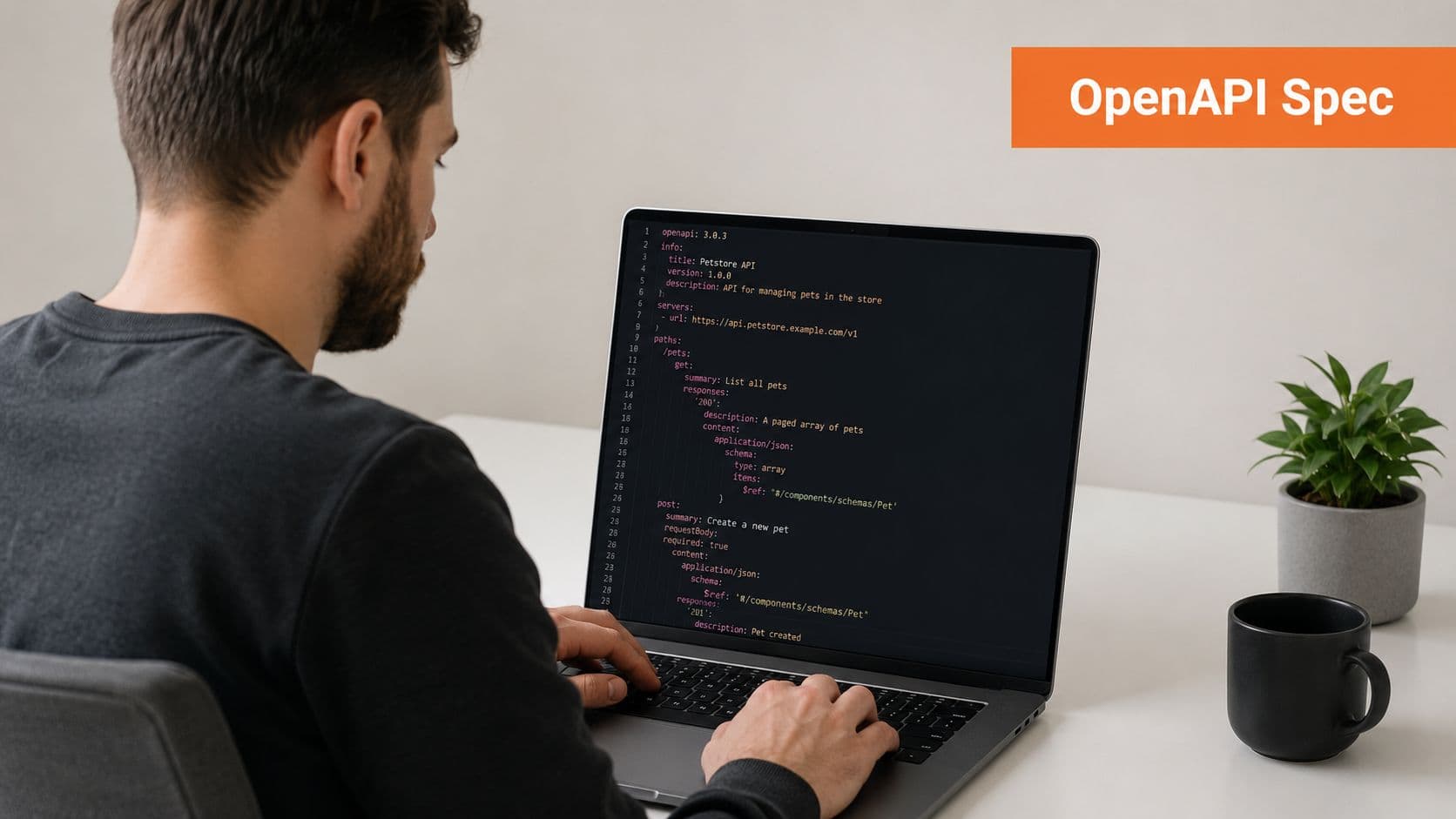 A man working on his laptop displaying an OpenAPI specification code for a pet store API.