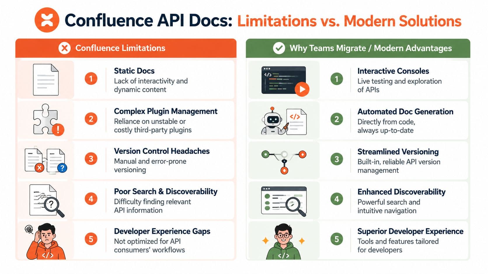 A comparison infographic showing Confluence API documentation limitations versus modern solutions for better developer experiences.