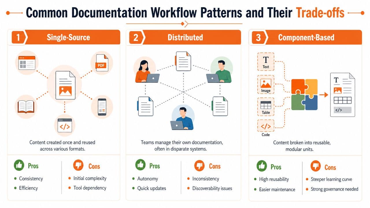 An infographic illustrating three common documentation workflow patterns: Single-Source, Distributed, and Component-Based, outlining their pros and cons.