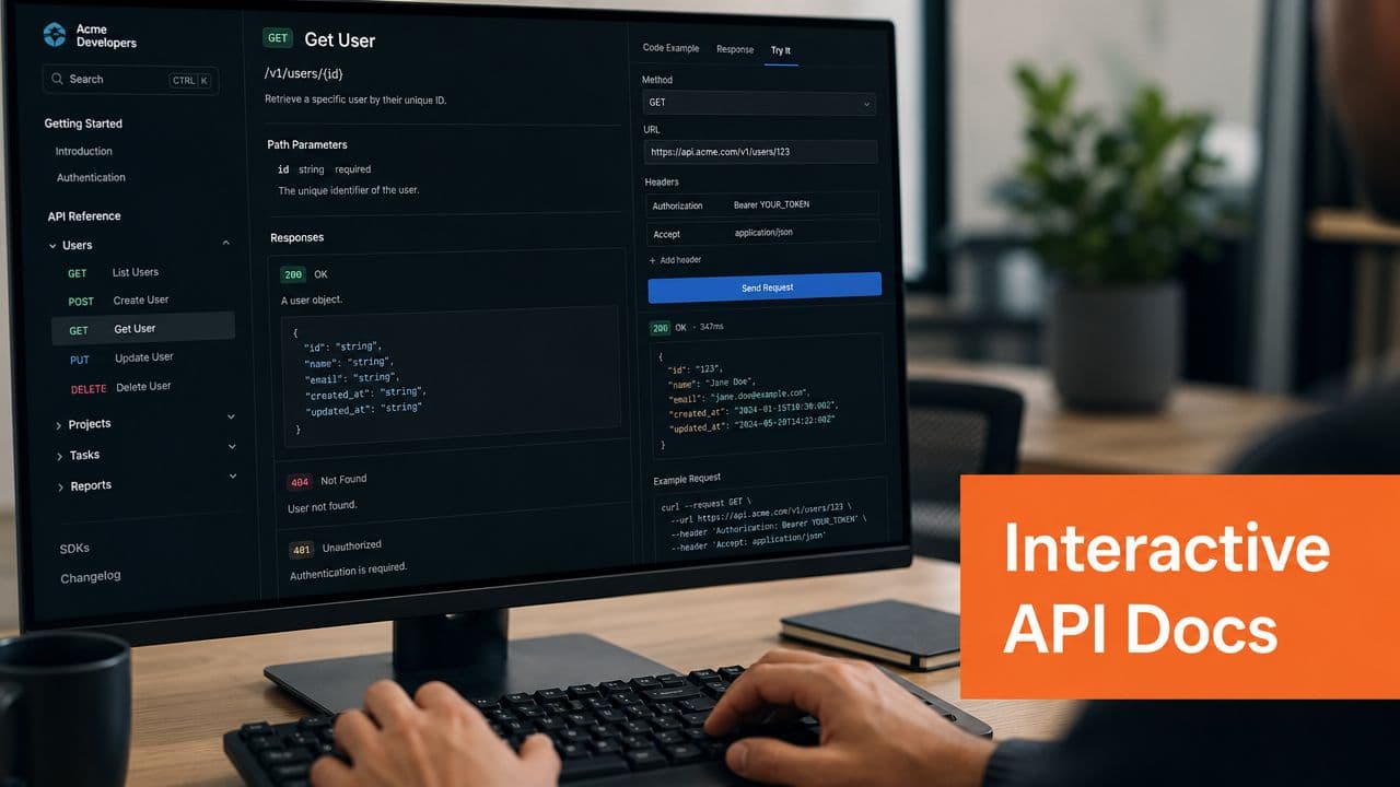 A developer using a computer monitor to view and test interactive API documentation for Acme Developers.