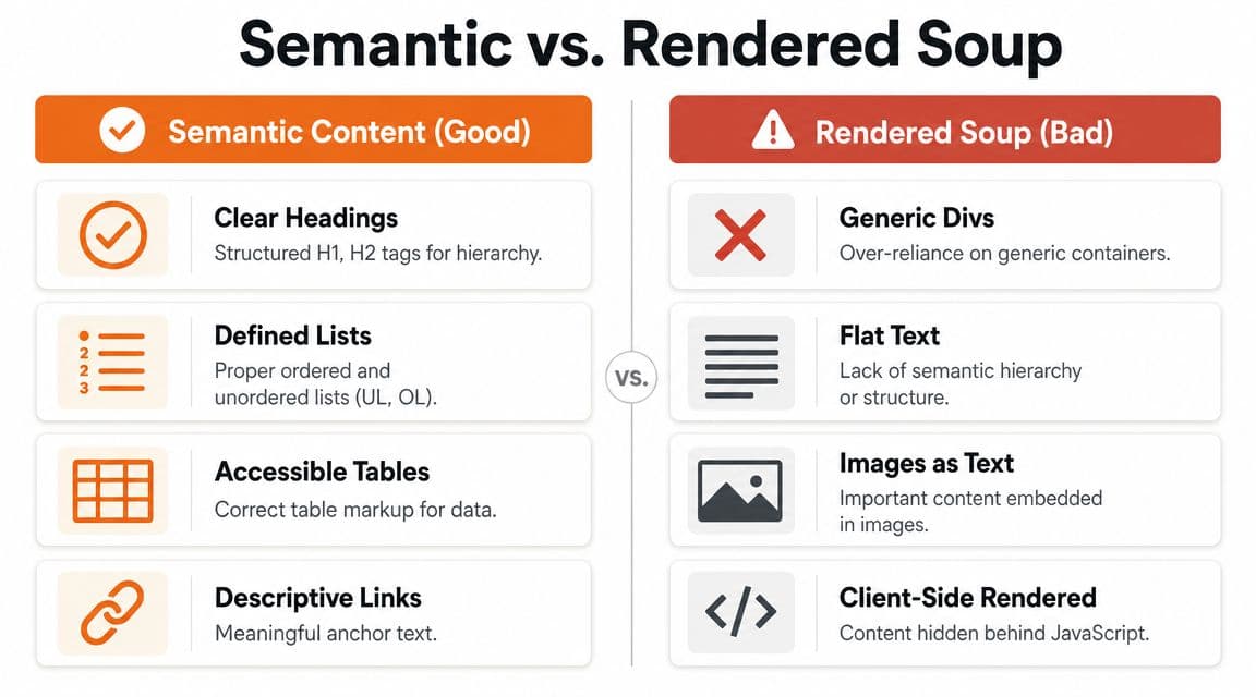 A comparison chart showing semantic HTML structure as good and non-semantic rendered soup as bad for accessibility.