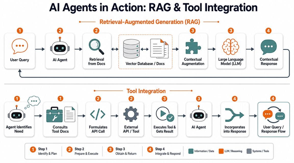 A diagram illustrating the workflow of RAG and tool integration within AI agent systems.