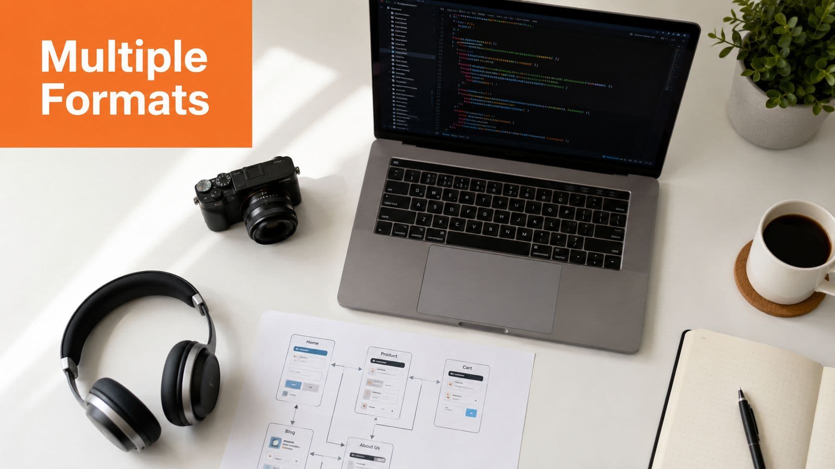 A clean workspace featuring a laptop, camera, headphones, notebook, and website wireframe design on a desk.