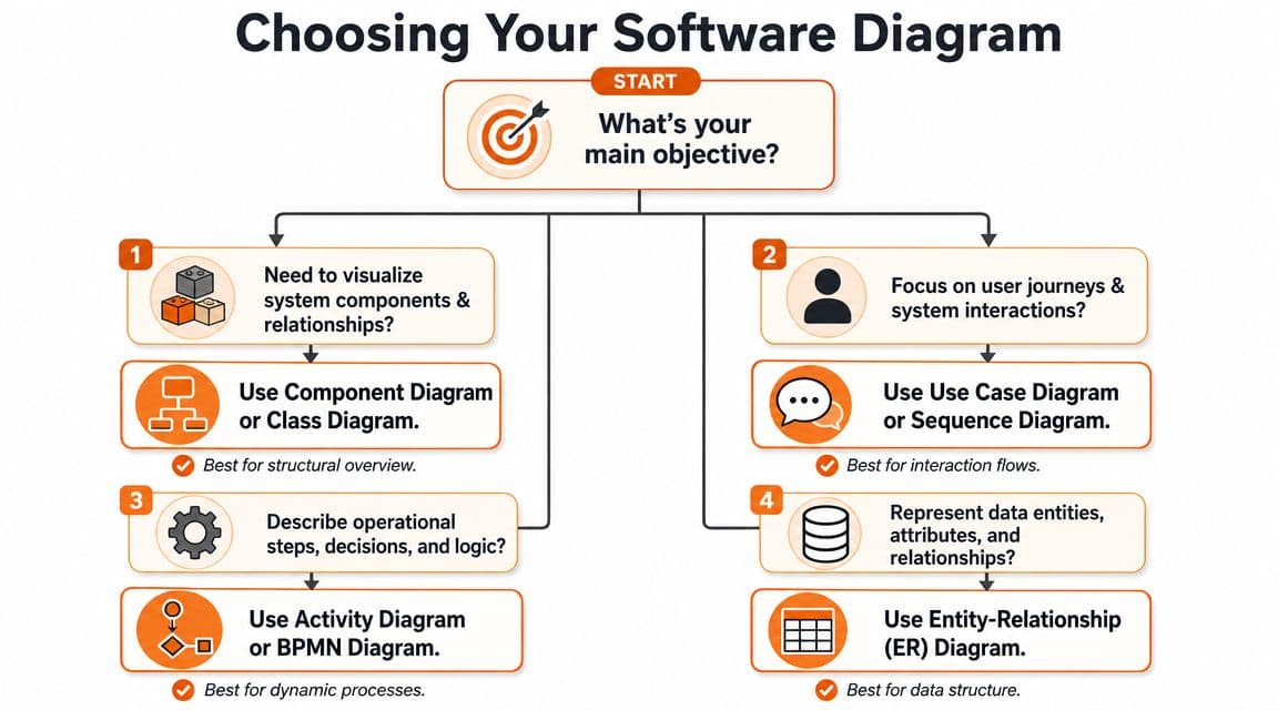 A flowchart guide helping developers choose the right software diagram based on specific project objectives and needs.