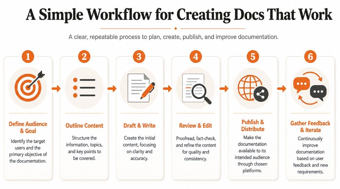 A six-step workflow infographic illustrating the process of planning, creating, publishing, and improving technical documentation.