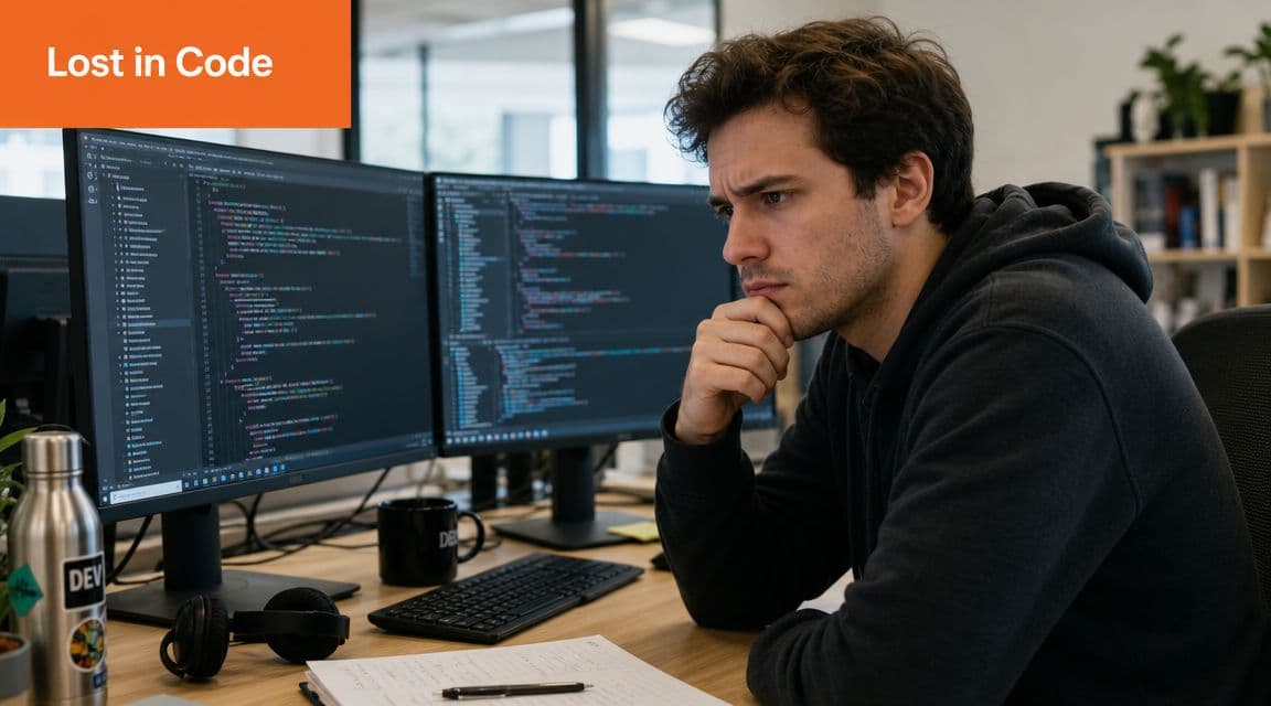 A focused developer sitting at a desk with dual monitors while working on complex programming code.