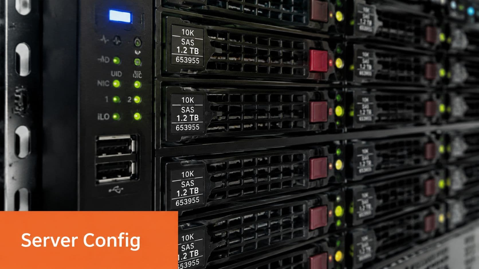 Close-up of a high-performance enterprise server rack filled with multiple hard disk drives.