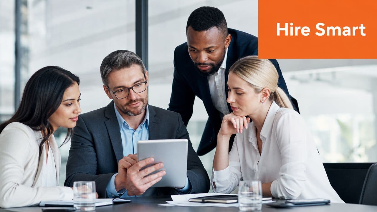 A professional business team collaborating on a tablet while working together in a bright modern office.