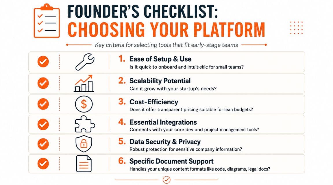 A checklist for founders on choosing a digital platform, highlighting six key criteria for early-stage teams.