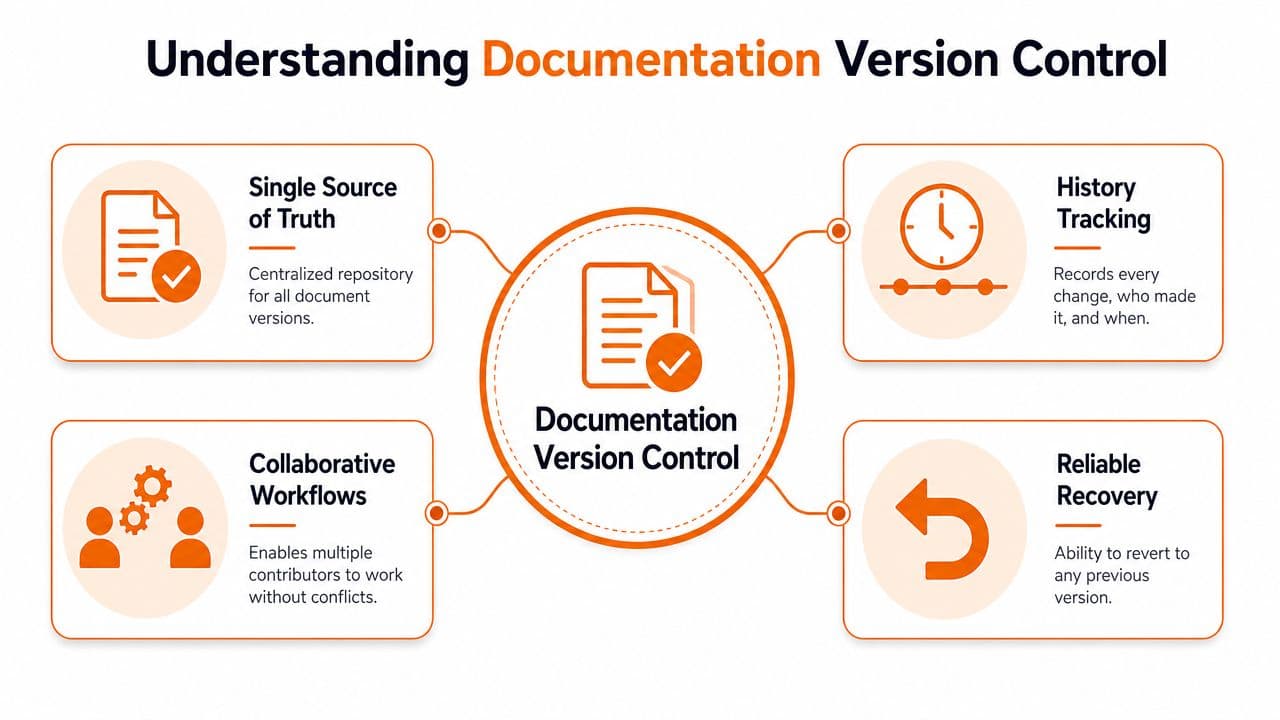 A diagram illustrating four key benefits of documentation version control including tracking, recovery, collaboration, and centralized storage.