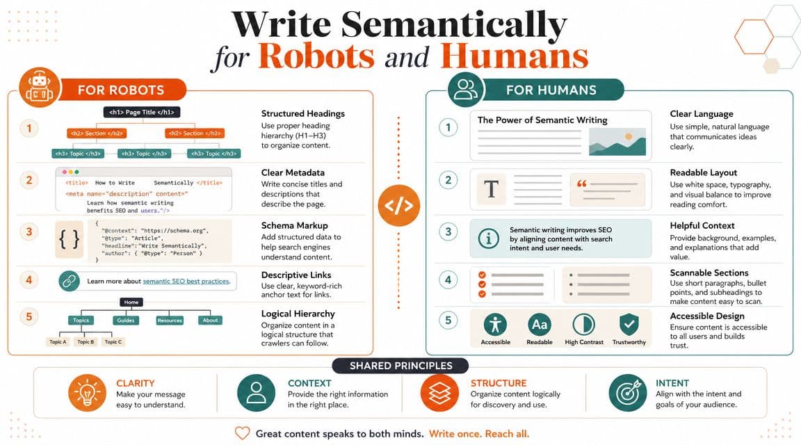 An infographic showing best practices for writing content that appeals to both search engine robots and human readers.