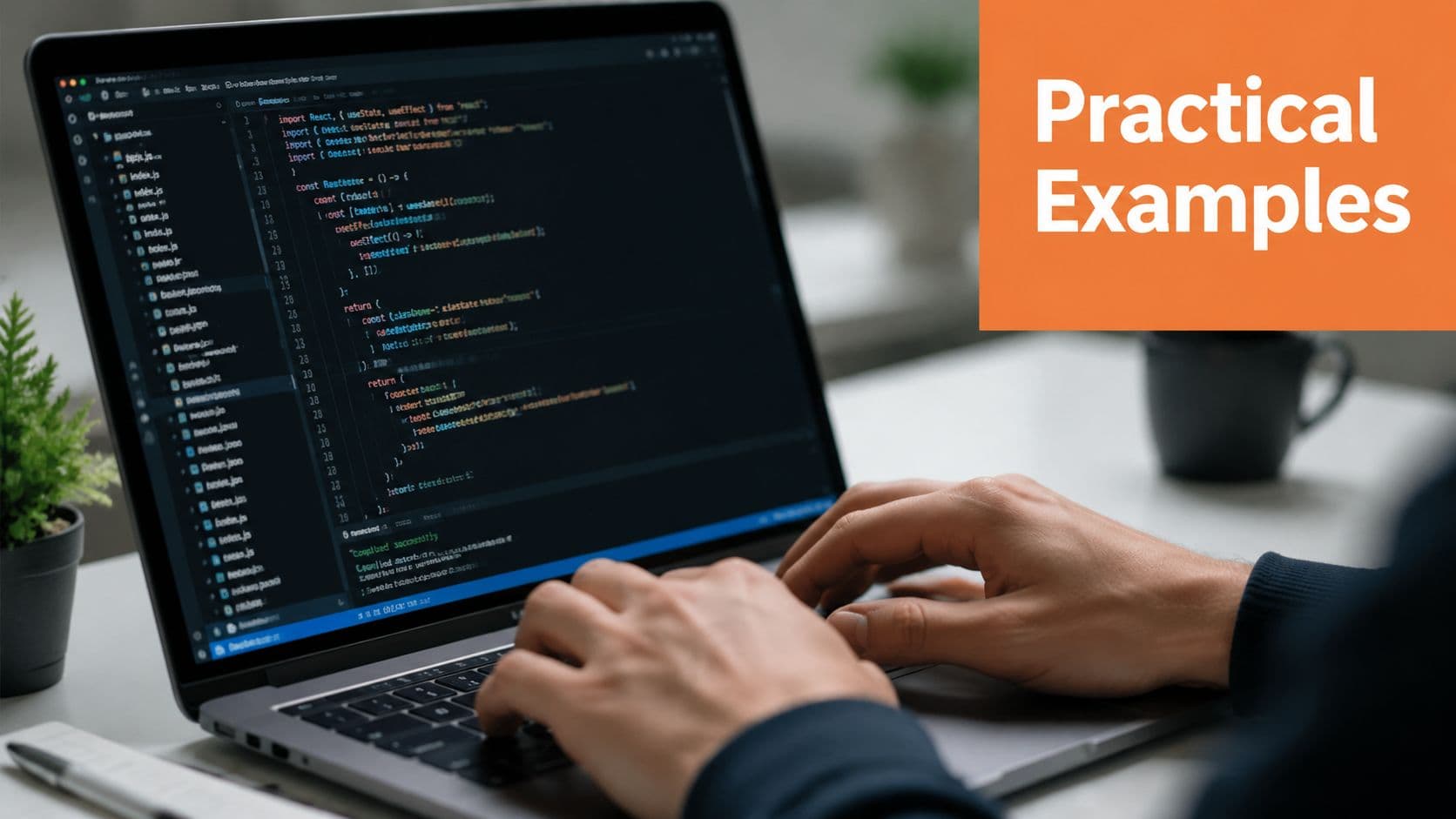 A developer typing code on a laptop screen displaying a web development project with a code editor.