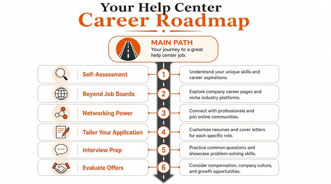 A career roadmap infographic showing six numbered steps to finding a job in a help center.