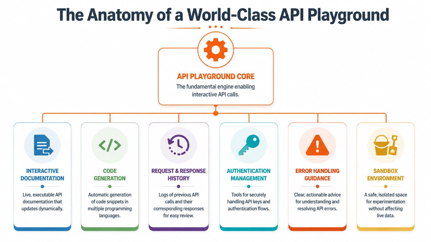 A diagram illustrating the core components and features that define a world-class API playground for developers.