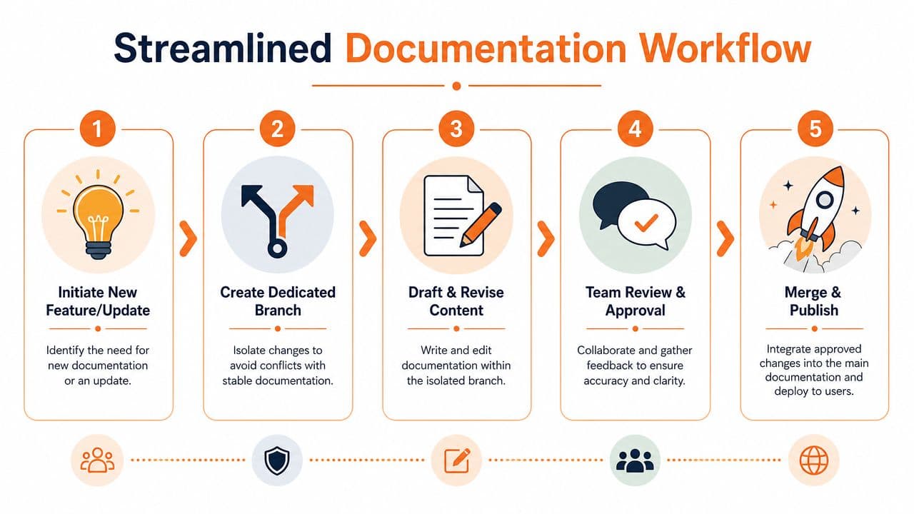 An infographic showing a five-step streamlined documentation workflow process from initiating updates to merging and publishing content.