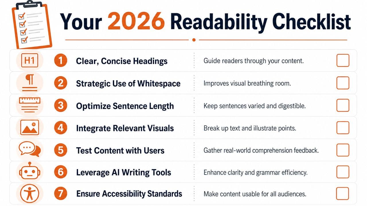 A checklist titled Your 2026 Readability Checklist featuring seven key tips to enhance written content clarity and accessibility.