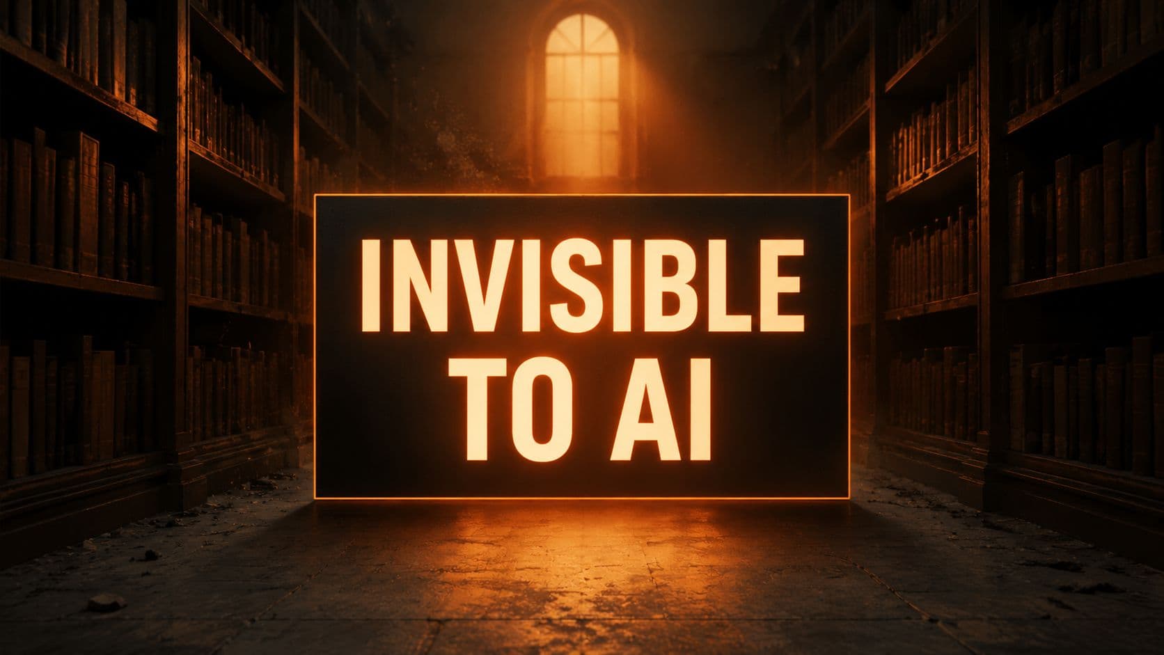 A glowing sign in a dark library displaying the text Invisible to AI in warm lighting.