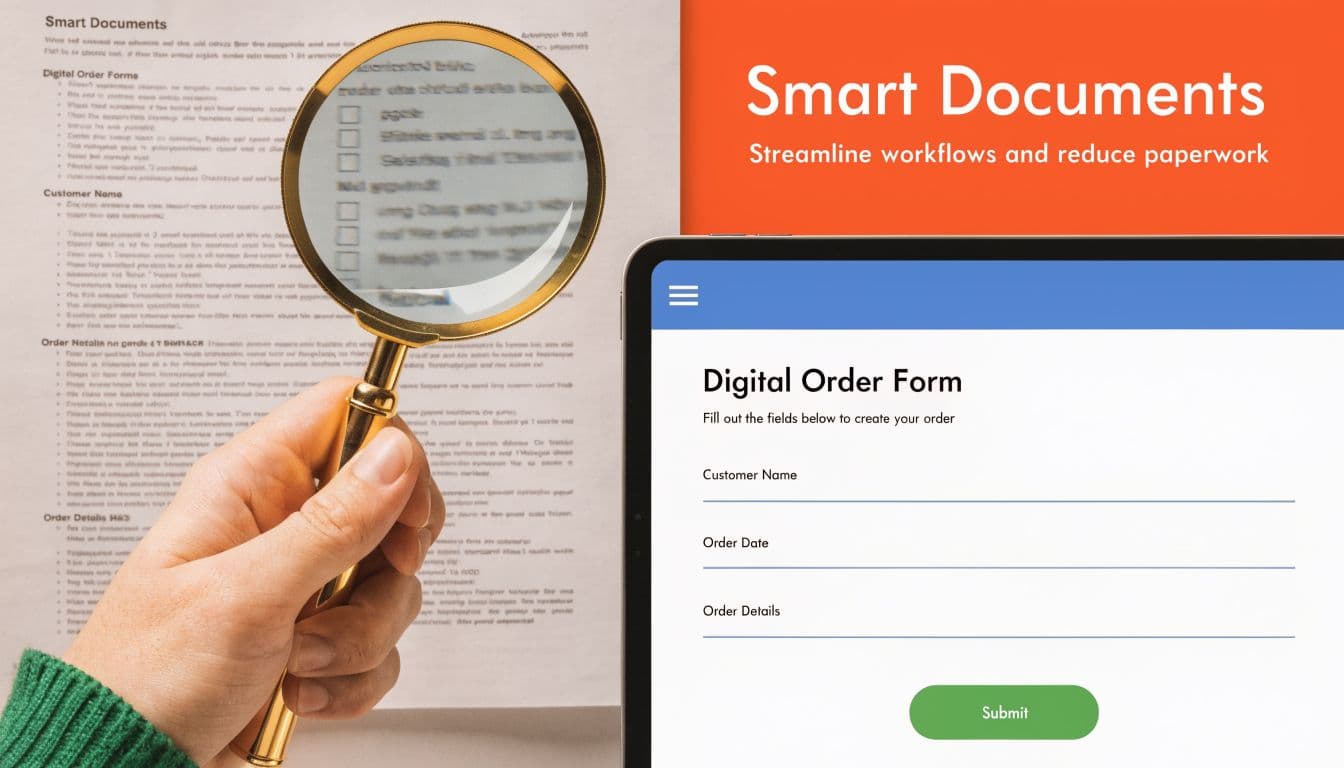 A hand holding a magnifying glass over a document next to a digital order form tablet.