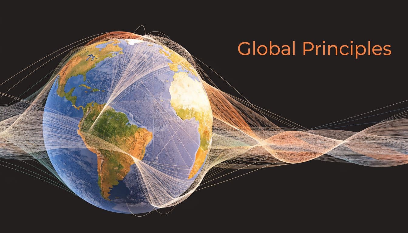 A digital illustration of Earth showing global connectivity with flowing light trails against a dark background.