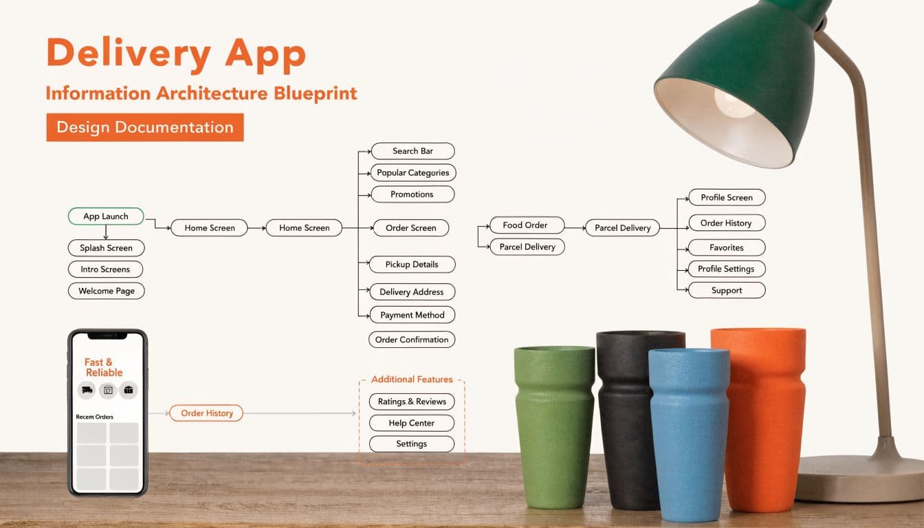 An information architecture diagram for a delivery mobile application showing the user flow and design structure.