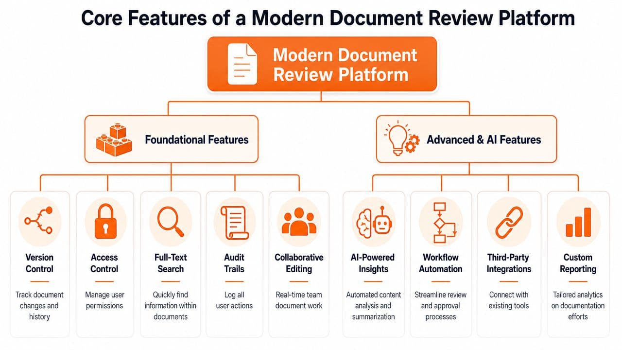 A diagram illustrating the core foundational, advanced, and AI features of a modern document review platform.