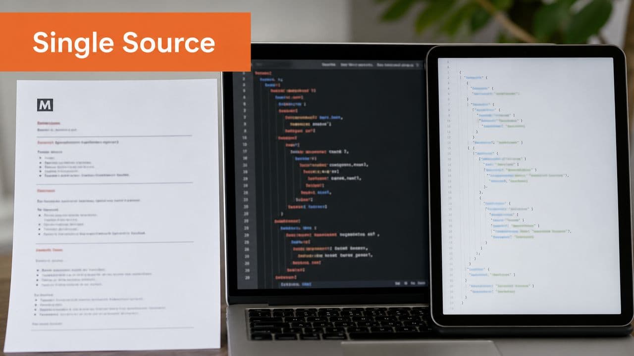 A professional developer workspace featuring a resume document, laptop, and tablet displaying code for API documentation.