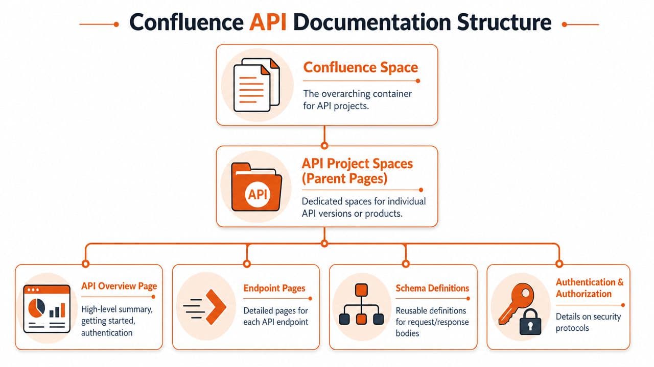 A diagram illustrating the hierarchical structure of Confluence API documentation, from project spaces down to specific page types.