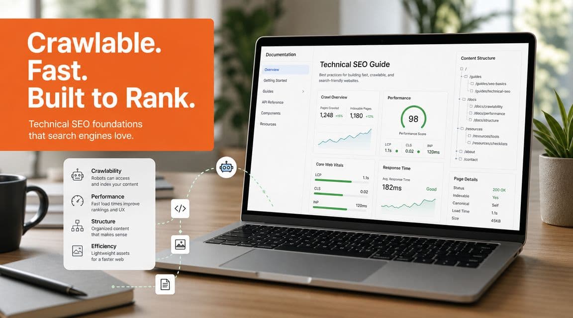 A laptop screen displaying technical SEO dashboard analytics with a document hierarchy and core web vitals metrics.