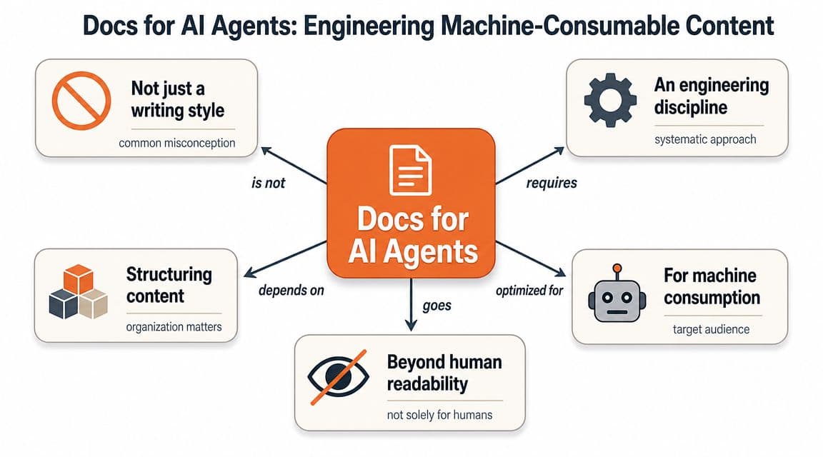 A diagram illustrating that docs for AI agents are an engineering discipline designed for machine consumption.