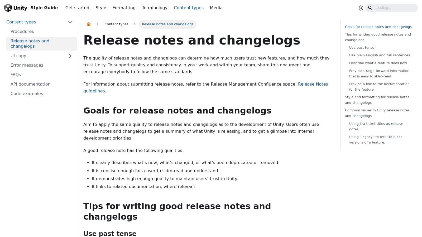 Unity Style Guide (Release notes and changelogs)